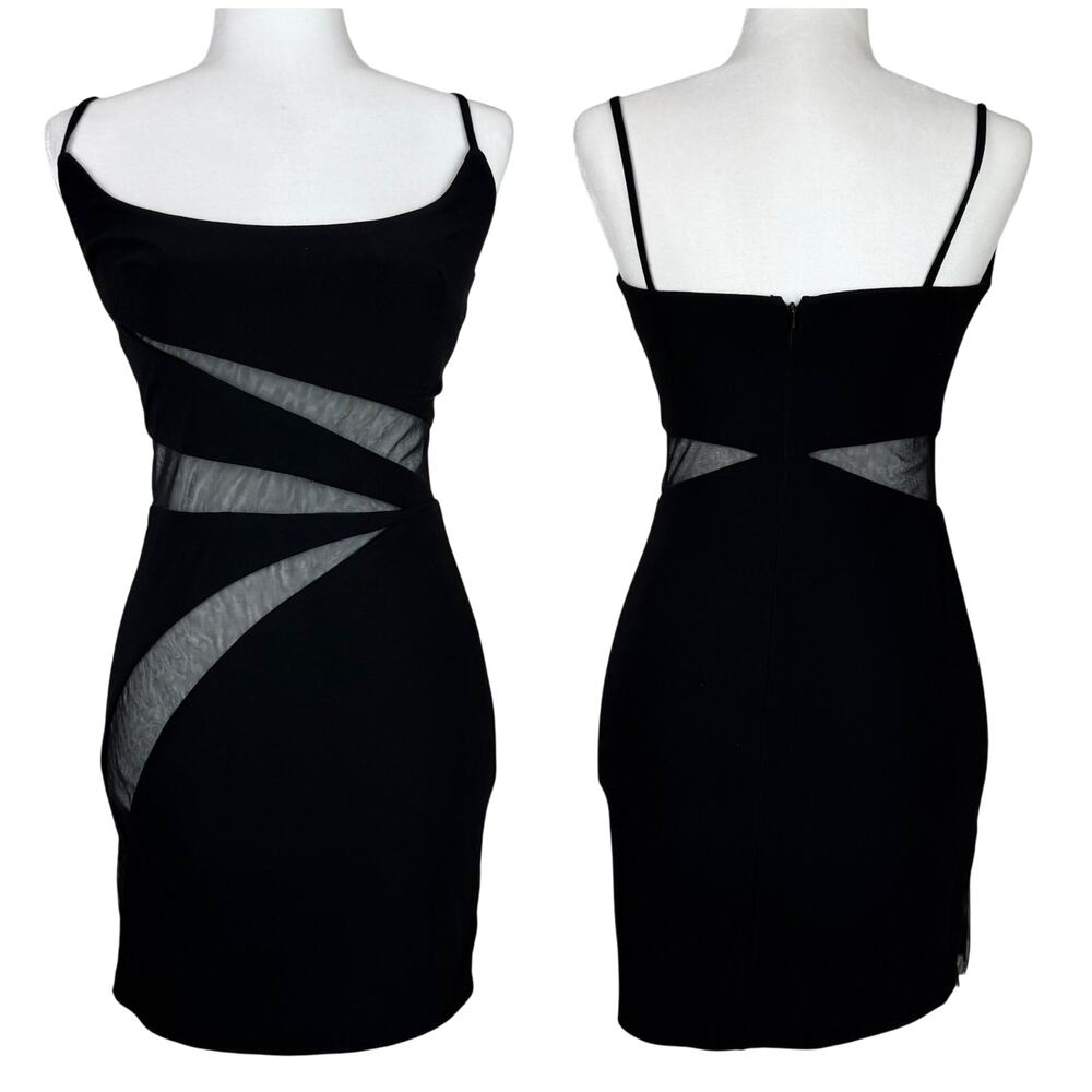 Mac Duggal Black Spaghetti-Strap Mini with Mesh Inset Accents